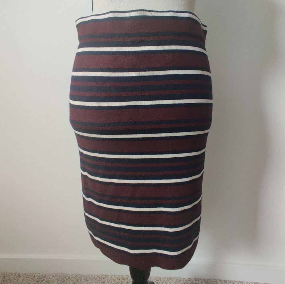 🆕 Ann Taylor Loft Burgundy Navy Blue & white striped Office Pencil Skirt_SP